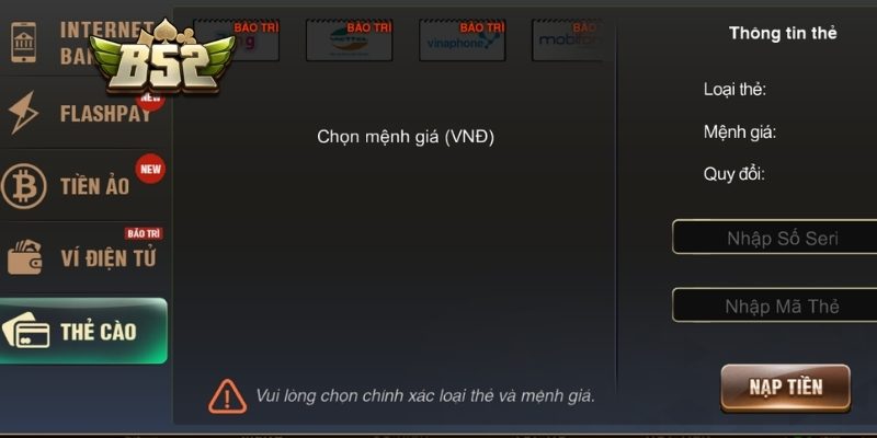 Chọn phương thức và điền thông tin nạp tiền B52